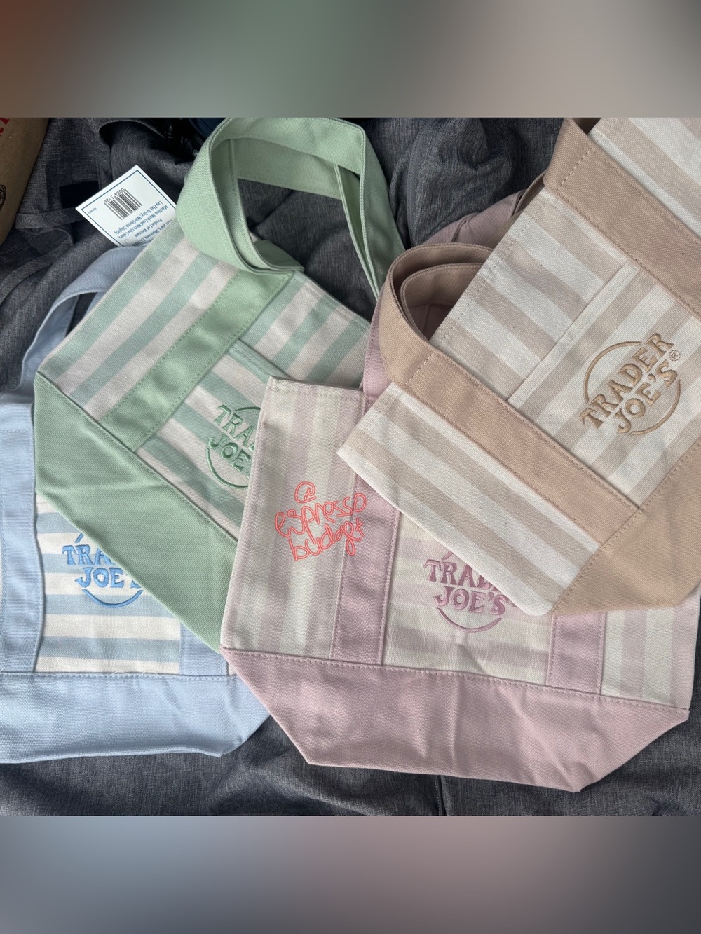 (Set of 4) Trader Joe’s Mini Canvas Tote Bags 💐Pastel Striped + TJ Poly Bag - Picture 3 of 3